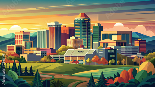 Very beautiful skyline of Huntsville, Alabama, USA, featuring modern downtown buildings, scenic hills, and soft evening light reflecting across the city’s landscape in a calm southern atmosphere.