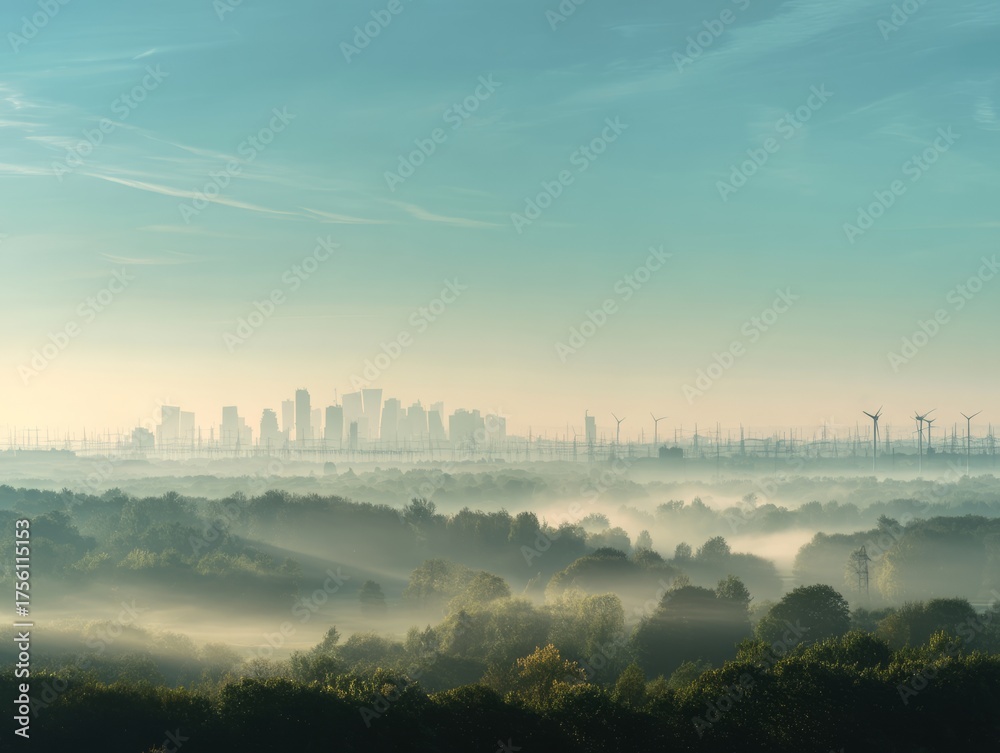 Fototapeta premium Serene landscape where forest meets city