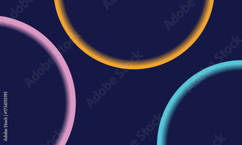 Abstract background with colorful glowing rings in pink, orange, and blue on a dark navy surface. Modern geometric vector design ideal for posters, web layouts, digital art, and creative presentations