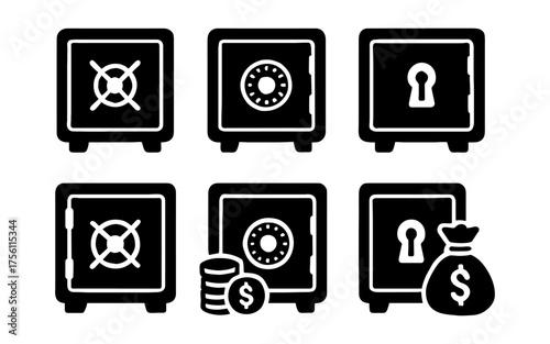 Collection of safe box icons with currency symbols in black