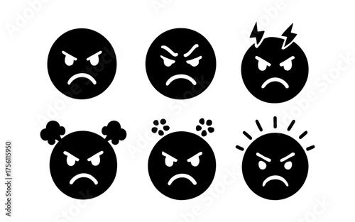 Angry emoji faces set in bold black silhouette style with varied expressions