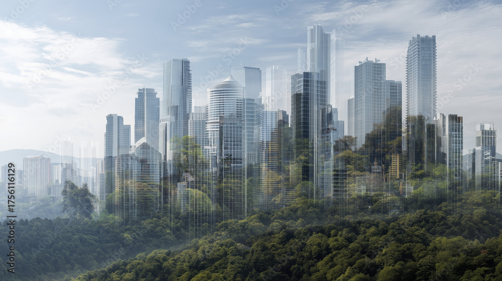 Obraz premium Futuristic city skyline modern architecture glass skyscraper urban forest green city misty morning sustainable design nature fusion skyline high