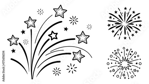 Abstract line art fireworks and starburst elements vector set