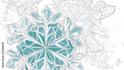 Geometric snowflakes in shades of blue and white create a wintery background