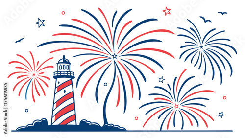 Patriotic lighthouse and fireworks display on white background