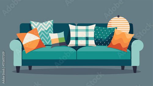 A collection of unique throw pillows in different sizes and textures tered on a modern sectional sofa.