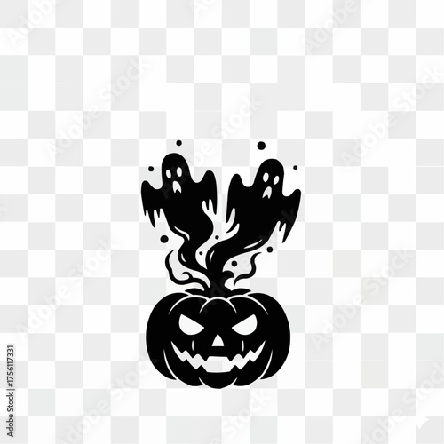Evil Jack-o'-Lantern Pumpkin with Two Ghosts, Black and White Vector Halloween Icon