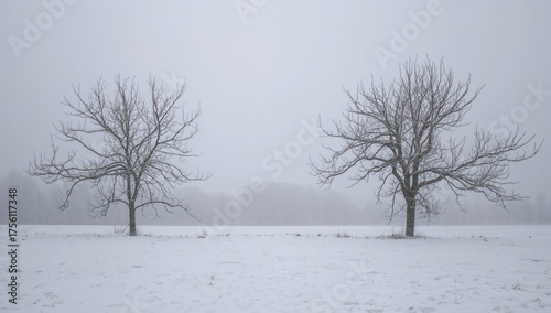 Wallpaper Mural Fog-covered skies loom over a snowy field dotted with leafless trees, creating a serene and minimalist scene Torontodigital.ca