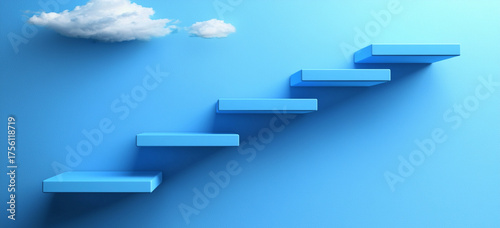 Light blue steps lead upwards on a serene blue background, culminating near wispy clouds, representing growth and the path to achieving dreams.