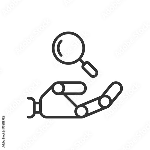 robot hand holding magnifying glass clip art icon symbol, ai research and development concept, deep learning, isolated thin line vector illustration