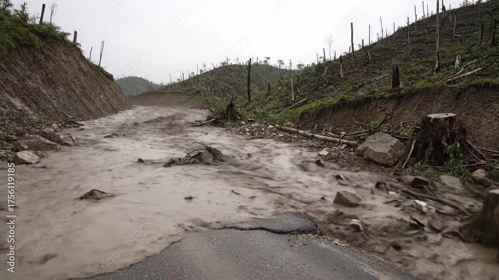 Destroyed Rural Road A rural road is completely blocked and destroyed by a mudslide after ...