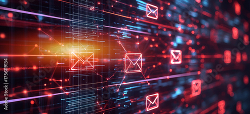 A vibrant digital network illustrates the rapid transmission of messages and data across interconnected global systems.