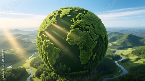 Green Earth Globe Surrounded by Lush Nature and Sunlight Beams