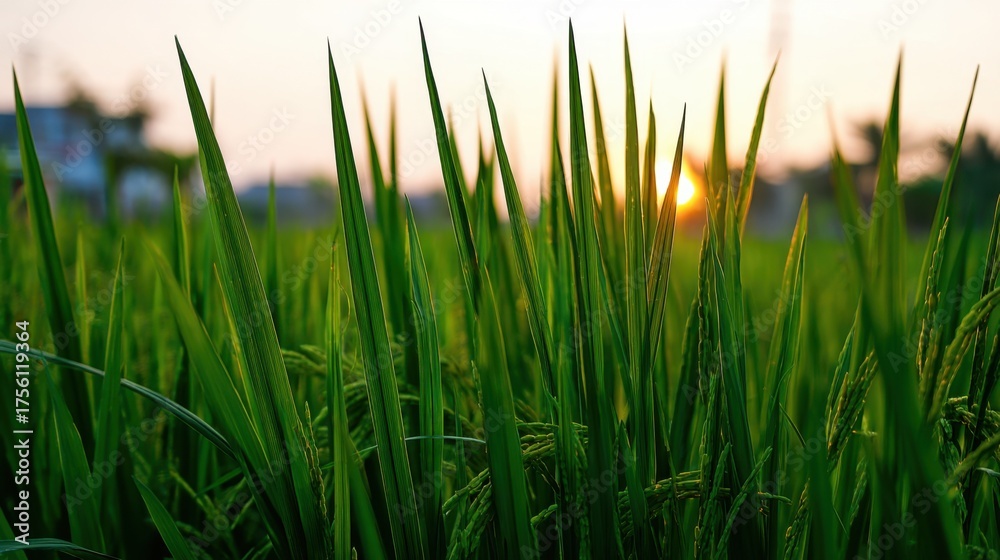 Obraz premium Close-up View of Lush Green Rice Plants at Sunset with Soft Horizon and Natural Light Creating a Serene Rural Landscape Scene