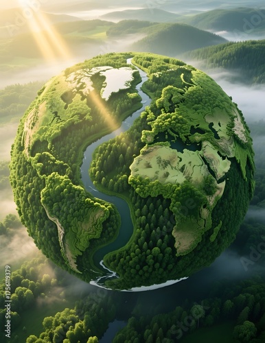 Green Planet Earth Surrounded by Lush Nature and Flowing River