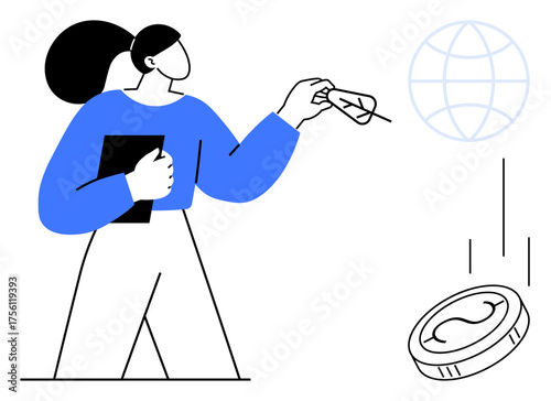 Woman in blue shirt holding tablet, launching paper plane toward a globe and falling coin. Ideal for entrepreneurship, global business, financial growth, innovation, leadership, strategy, simple flat