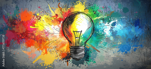 This vibrant image showcases a brilliant, glowing light bulb emerging from an explosion of colorful paint splatters, symbolizing creative inspiration.