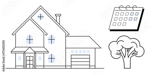 Large two-story house with garage, tree nearby, and calendar displaying organization. Ideal for real estate, home ownership, sustainability, planning, architecture, time management family life