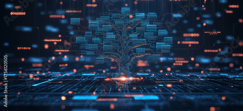 A digitally rendered tree structure, symbolizing evolving data intelligence and interconnected networks, glows brightly within a futuristic technological landscape