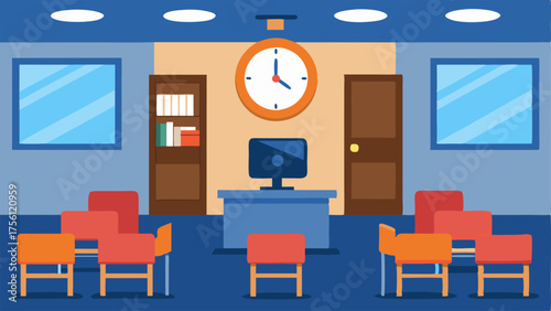A clock at the front of the room keeps track of time for the students and lecturer.