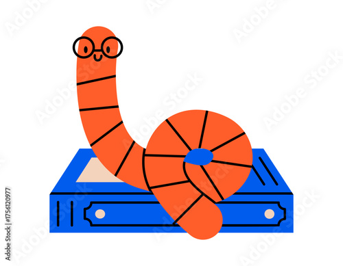 Hand drawn cute illustration of book worm. Flat vector funny character with glasses doodle. Reading in library. Nerd or wise animal. Education or study sticker, icon. Back to school. Isolated.