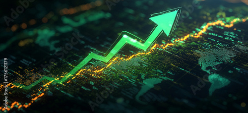 An abstract digital visualization features an ascending green arrow over a glowing global map, symbolizing progress, growth, and technological connection.