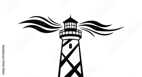 Iconic lighthouse emits guiding light and energy waves against a stark background.