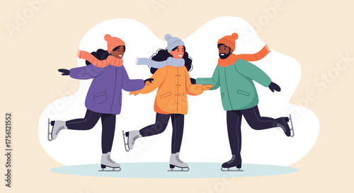 Three friends enjoying a joyful ice skating experience together on a chilly winter day.