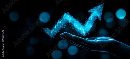 A human hand supports a glowing digital arrow symbolizing significant growth and progress in a visually appealing dark blue abstract setting.