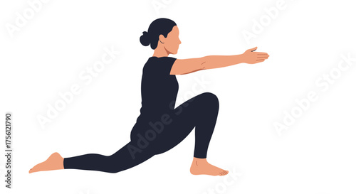 A woman in athletic clothing performs a low lunge yoga pose with her arms extended forward.