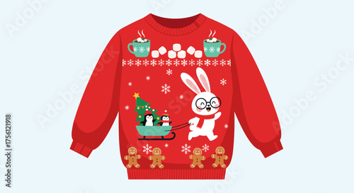 A festive red Christmas sweater featuring a whimsical bunny pulling a sleigh with penguins and a Christmas tree