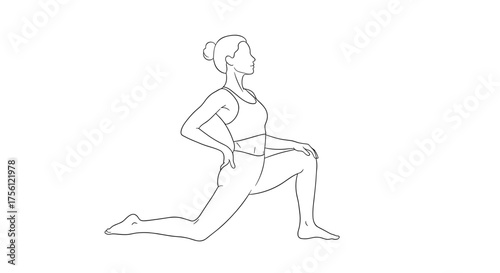 A woman in a yoga pose with one knee bent and the other leg extended behind her body.