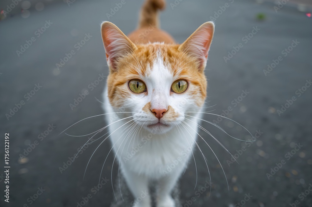 Fototapeta premium A feline with white and orange fur posing on a road while gazing into the lens