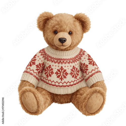 Charming teddy bear wearing a snowflake patterned sweater evoking winter comfort and nostalgia