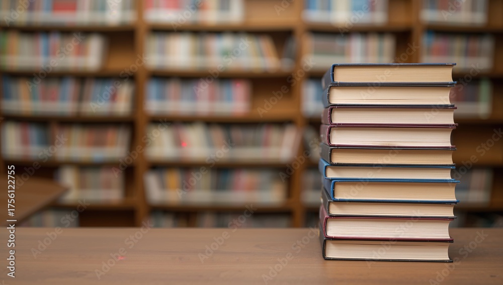 Fototapeta premium Pile of books in a study area with a blurred background, ideal for business and educational themes, back-to-school idea. Space available for text. Online learning and remote education theme.