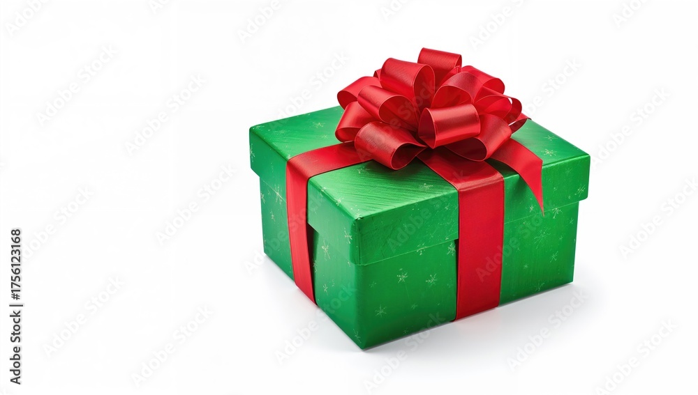 Fototapeta premium Red and green present wrapped with ribbon and bow set against a white background