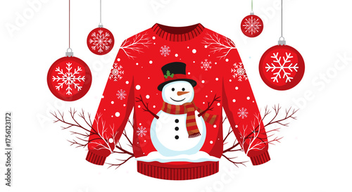 Festive red holiday sweater featuring a happy snowman and snowflakes ready for winter celebrations.
