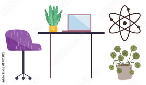 Workspace featuring a laptop on a desk, purple swivel chair, atom design on side, and potted plants. Ideal for science, education, productivity, home office, organization creativity and minimalism