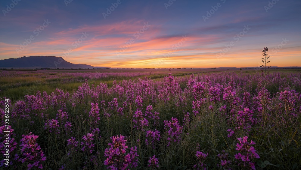 Obraz premium A vibrant purple flower meadow stretches out beneath a magnificent sunset sky, with distant mountains completing the scene.