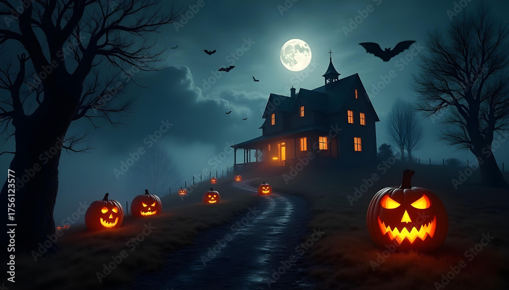 Fototapeta premium Happy Halloween dark witch house with tree and birds, pumpkin lit up background