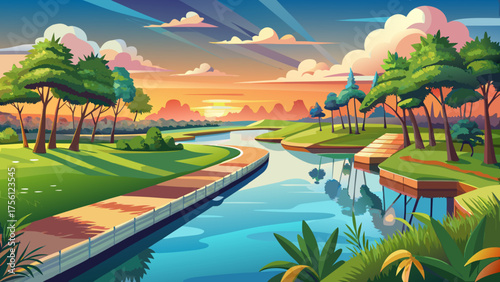 Very beautiful panorama of canals in Gulf Shores State Park, Alabama, USA, showing calm water reflecting the sky, surrounded by lush greenery and serene natural coastal scenery.