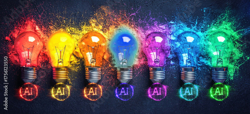 Comparison AI, A row of colorful light bulbs burst with vibrant powder show competition between different sources of AI, illuminating a dark background with a spectrum of brilliant hues.