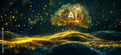 Ai technology help environment inside beautiful gold light and tree with glowing digital connections represents environmental technology and the future of sustainable living.