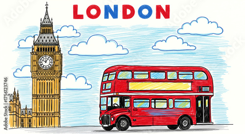 London's Iconic Landmarks Big Ben and a Classic Red Double-Decker Bus in a Colorful Illustration