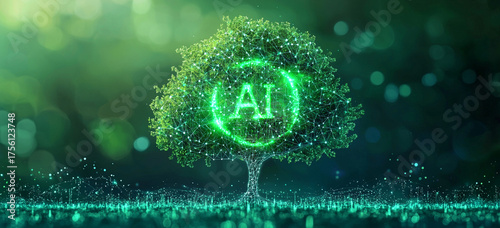 Ai technology help environment. AI word inside beautiful green tree with glowing digital connections represents environmental technology and the future of sustainable living.
