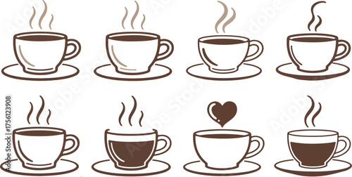  Collection of Steaming Coffee and Teacups Icons  coffee, tea, cup, mug, steam, hot, beverage, drink, saucer, cafe, heart, aroma, icon, set.