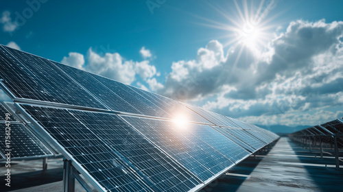 solar energy panels against blue sky with white clouds 3d rendering