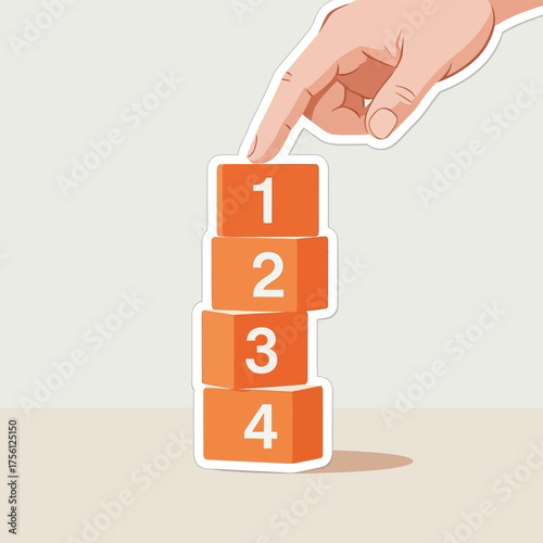 Finger stacking numbered blocks from one to four in a sequence