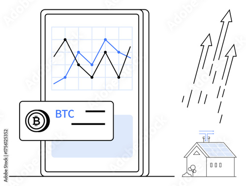 Mobile app displaying cryptocurrency trends with rising chart, BTC label, arrows indicating growth, and solar-powered house. Ideal for finance, technology, renewable energy, innovation, investment