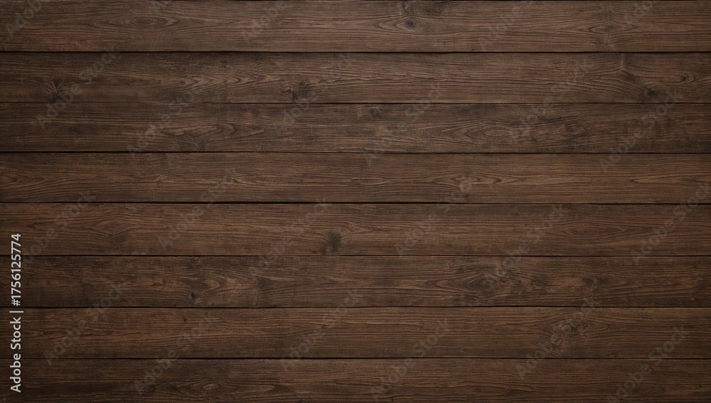 Fototapeta premium Weathered dark brown wooden boards arranged in a row, showcasing natural grain and texture on a flat surface.